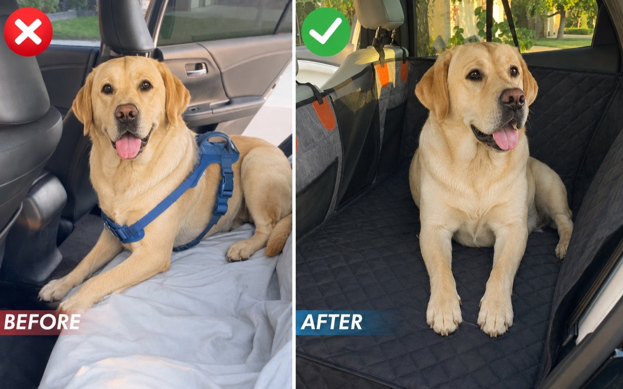 Before: a Labrador on a loose blanket in a car back seat. After: the same dog lying settled on a flat quilted platform.