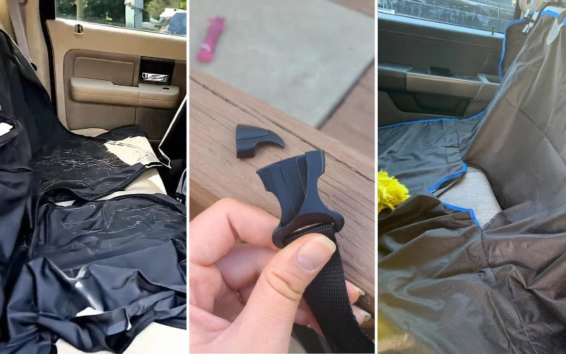 Three phone photos of failed dog seat covers: a crumpled shiny cover, a snapped strap fitting, and a slack cover bunched across a back seat.